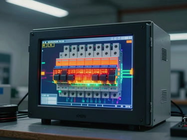 Thermal camera display screen showing a heat map of an electrical panel with one breaker highlighted in orange-red indicating a fault, placed on a workbench under cool overhead lighting, no faces, no text overlays