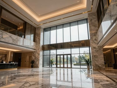 Elevated interior view of a completed luxury lobby — polished marble floors, double-height ceiling with recessed gold lighting strips, floor-to-ceiling glass wall letting in diffused northern light, no people, architectural precision evident in every finish line