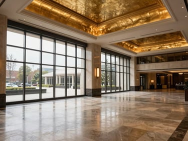 Interior of a completed luxury lobby, north light entering through floor-to-ceiling windows, polished stone floor, architectural ceiling detail in warm gold metallic finish, empty, no people