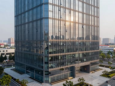Elevated angle shot of a completed multi-storey commercial office tower, glass curtain-wall facade reflecting afternoon light, clean structural lines, empty forecourt showing scale, no people