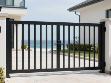 Modern black aluminum automated driveway gate in front of a coastal estate, sharp focus