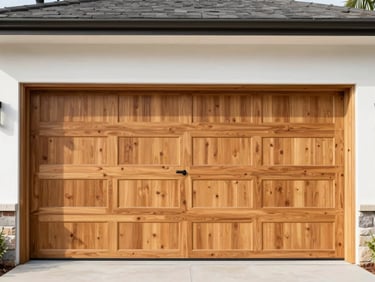 Straight-on architectural shot of a natural cedar wood garage door on a modern home, crisp focus