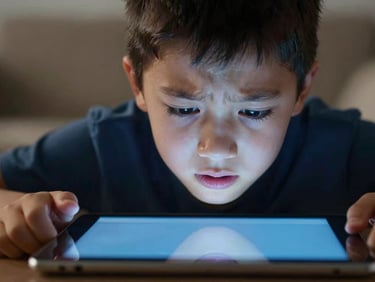 Close-up of a frustrated child refusing to let go of a tablet, cool blue screen light reflecting on their face, emotional editorial photography, shallow depth of field.
