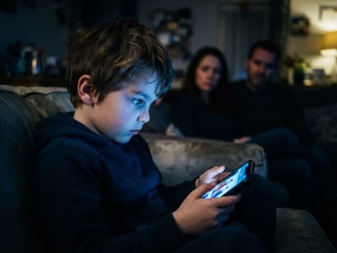 Candid emotional photography of a child staring into a glowing smartphone screen in a dimly lit room, worried parents visible in the soft background out of focus, cool blue light