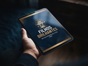 A premium 3D mockup of a modern digital e-book titled Filhos Brilhantes on a tablet screen, clean minimalist design with yellow and dark blue accents, isolated on a dark background