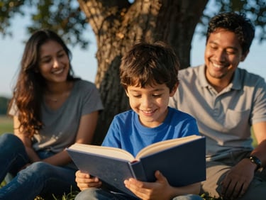Warm golden-hour photo of a happy child reading a book outdoors under a tree, parents sitting nearby laughing, natural lighting, shallow depth of field.