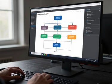 Oblique angle shot of a developer's monitor showing a complex microservices architecture diagram with terminal overlays, keyboard hands partially visible at the bottom frame, high-contrast daylight from a window on the left side, dark desk surface