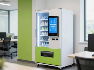 Bright modern office breakroom with a sleek smart vending machine, clean natural indoor light, vibrant green accents, sharp focus.