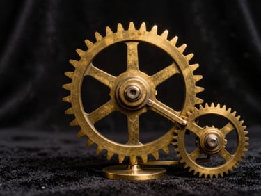Macro photograph of a 19th-century brass mechanical gear apparatus, warm spotlighting, dark velvet background, high-contrast chiaroscuro.