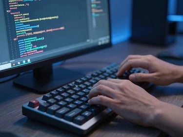 Macro shot of a software engineer's hands typing on a mechanical keyboard, terminal code running on a high-resolution screen, cool blue ambient lighting, sharp focus, 35mm lens