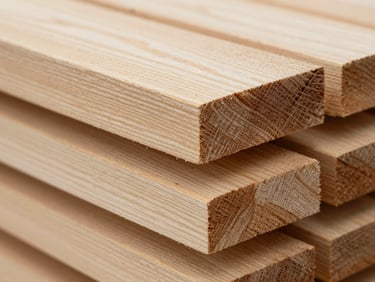Close-up macro shot of stacked industrial timber planks, raw pine wood grain texture, high-contrast overcast lighting