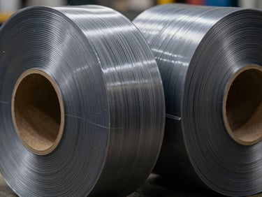 Close-up macro shot of industrial plastic film rolls, high-contrast warehouse lighting, showing the thick layered texture of polymers, deep gray and metallic tones.