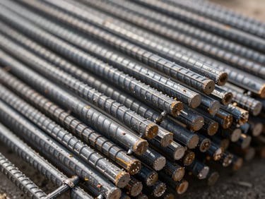 Close-up macro shot of heavy-duty steel construction rebars and concrete reinforcement meshes stacked in an industrial yard