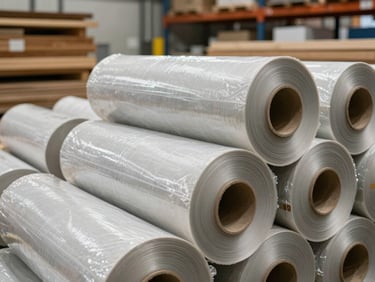 Tight macro shot of industrial packaging rolls and stacked timber in a high-density warehouse, natural warehouse light, clean grid arrangement.