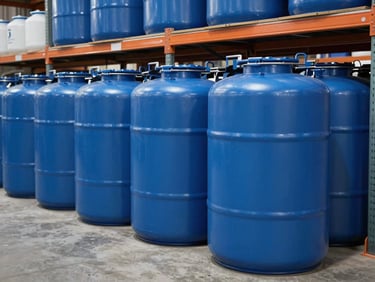 Rows of large industrial blue chemical containers and bulk cleaning supplies on heavy metal warehouse shelving