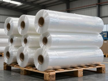 Industrial warehouse interior showing giant rolls of clear plastic stretch film stacked on wooden pallets, bright warehouse daylight