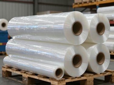 Industrial warehouse setting showing massive rolls of transparent stretch film and heavy-duty plastic packaging materials on pallets