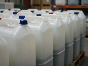 Rows of large industrial cleaning chemical containers and bulk detergent drums stacked neatly in a facility warehouse