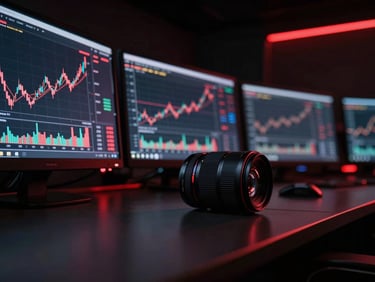 Low-key dramatic photography of a modern dark command center, screens showing upward-trending financial charts with subtle red glow, high-tech dashboard reflections, 35mm lens