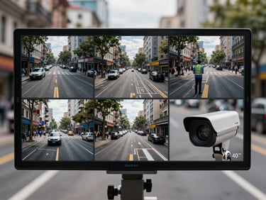 A high-contrast wide security camera feed showing an active municipal street under daylight, with a digital timestamp overlay in the corner
