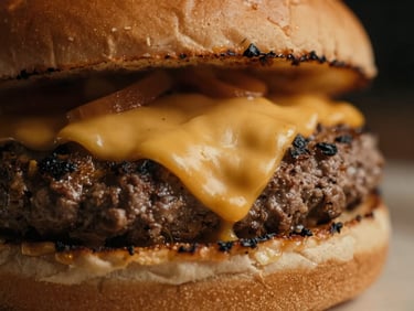 Close-up macro shot of a burger showing texture of melted cheese and charred edges, warm amber indoor lighting, 35mm lens