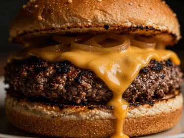 Macro close-up of a double smash burger, glistening melted cheese dripping down the charred edges of the beef, dark moody lighting, warm amber tones.