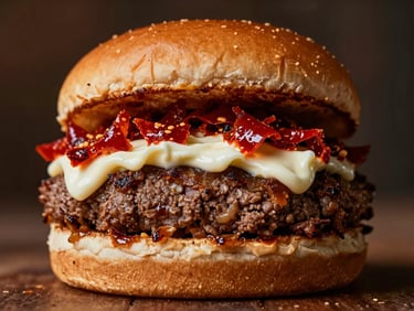 Close-up shot of a burger cut in half, revealing texture-rich layers of beef, vibrant red chili crisp, and melting white cream cheese, deep shadows.