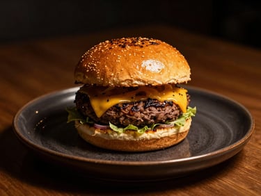 Low-key editorial shot of a burger resting on a dark ceramic plate, glistening dark glaze, warm golden spotlights hitting the toasted bun.