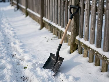 Garden path cleared of snow, a shovel leaning against a wooden fence post, grey winter morning light, no people