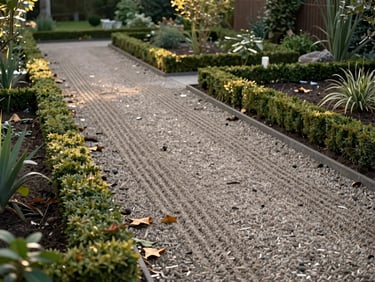 Wide garden after completed maintenance work, raked gravel path, trimmed borders, cleared debris, soft afternoon light from the left, no people