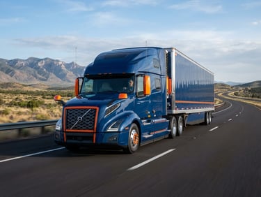 A modern class-8 commercial truck driving on an open highway under crisp morning daylight, high-contrast deep blue and safety orange tones, editorial depth of field.