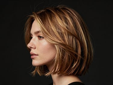 Profile portrait of a woman with a fresh, elegant haircut, hair showing natural movement, warm studio lighting, rich black background, shallow depth of field, 85mm lens