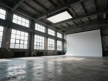 Low-angle wide shot of a raw industrial photography studio in Uxbridge, concrete floors, heavy lighting rigs hanging from steel beams, cool daylight pouring through high windows, sharp 35mm lens.