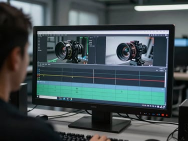Over-the-shoulder view of an editing bay with high-contrast video timeline on screen, cool-toned industrial daylight, gritty slate textures, sharp 35mm lens