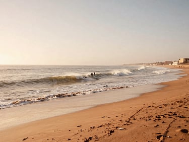 Wide editorial photography of a long peeling right-hand wave at golden hour in Morocco, surfers in the distance, warm terracotta and beige tones, 35mm film