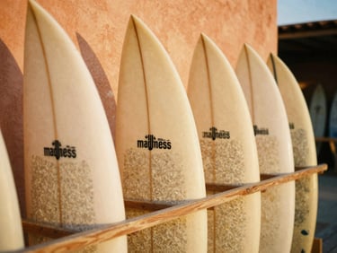 A row of premium Madness surfboards in a wooden rack at hyle surfhouse, warm golden hour lighting, shallow depth of field, 35mm film