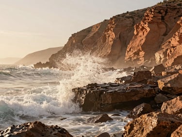 Dramatic coastal cliff of Anza with waves crashing against rocks, warm golden hour light, misty sea spray, warm editorial photography