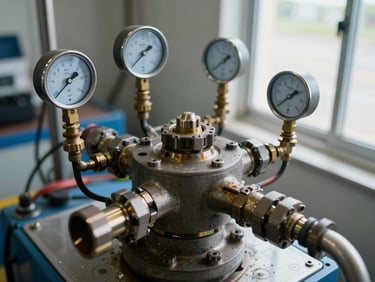 Close-up overhead view of hydraulic manifold block and pressure gauges on a test rig, oil-stained fittings visible, industrial ambient light from a plant window