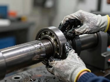 Close-up of a technician's gloved hands adjusting a bearing housing on a heavy rotating shaft, shop-floor ambient light, grease and metal detail visible