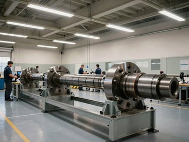 Wide environmental shot of a training floor with industrial rotating shaft assemblies mounted on steel test benches, overhead fluorescent lighting, technicians in safety gear working at stations