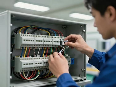 Technician's hands tracing wiring on an open industrial PLC panel with terminal blocks and relay modules, shop-floor fluorescent overhead, cable management channels visible in background