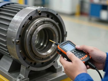 Technician holding a vibration data collector against a motor bearing housing, close-up of the probe contact point, industrial plant floor in soft focus behind
