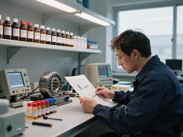 Wide shot of a technician at a workbench reviewing oil analysis sample vials and a bearing wear chart under industrial window light, rows of labeled sample bottles on a metal shelf behind, diagnostic instruments visible on the bench surface