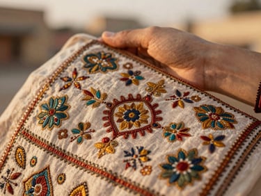 Close-up of a hand holding a beautifully embroidered textile with traditional Punjabi motifs, warm natural light, soft focus background.