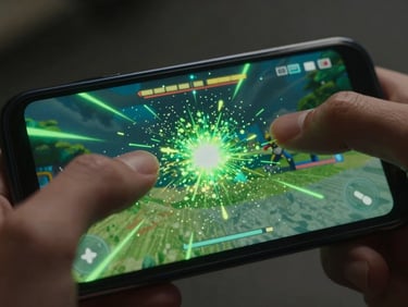 Extreme close-up of thumbs playing a fast-paced 2D physics game on a landscape Android phone, high-contrast electric green particles emitting from a collision point on screen, low-key lighting.