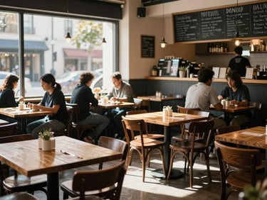 Environmental wide shot inside a busy neighbourhood restaurant, natural daylight streaming through front windows onto wooden tables, a chalkboard menu visible on the back wall, no people