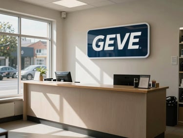 Wide shot of a neighbourhood service shop reception area, natural window light falling across a tidy front counter, branded signage on the wall behind, no staff or customers visible