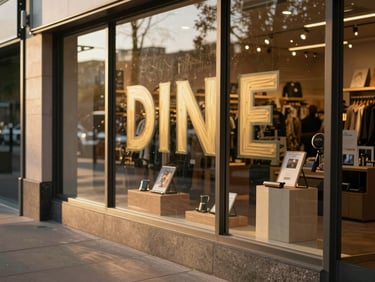 Tight detail shot of a retail shop storefront exterior, hand-painted window lettering catching late afternoon golden light, product display just visible through the glass, empty sidewalk in foreground