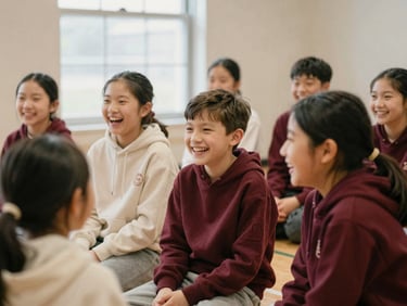 Group of local Indiana children laughing and collaborating in a drama workshop, warm natural window light, soft focus, intimate framing