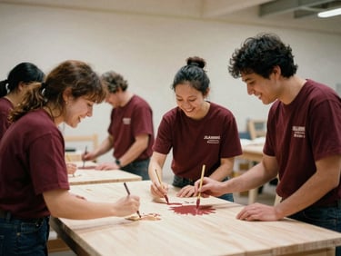 Volunteers backstage laughing while painting a wooden flat, warm workshop environment, authentic candid 35mm film grain
